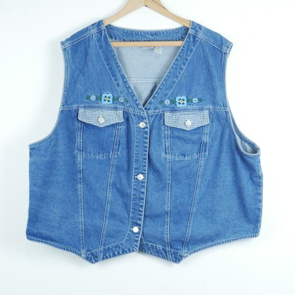 Vintage Jackets & Blazers - Vintage 22 24 Denim Vest 90s Floral Embroidered Western Grunge Grannycore Plaid
